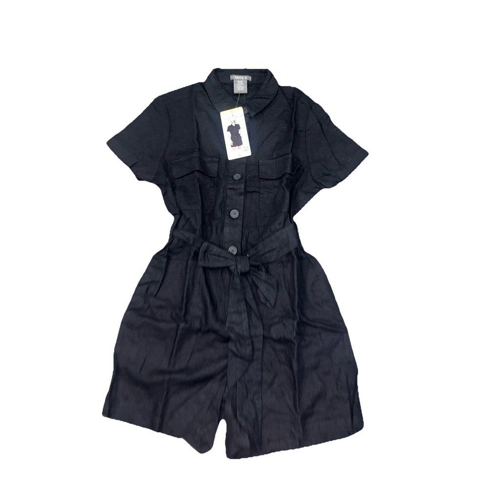 Matty M Ladies' Linen Blend Button Front Romper, Black, Small